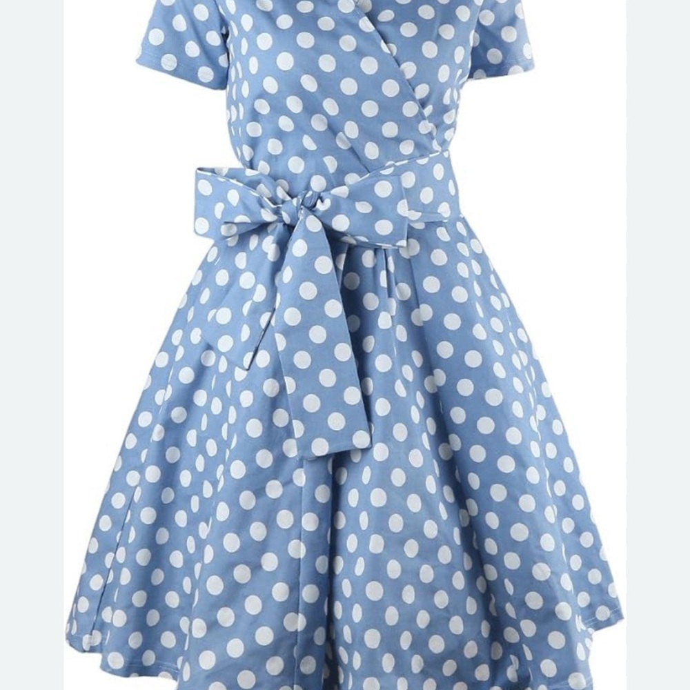 Swing 1950s Style Blue W/White Polka Dot Short Sleeve Wrap Dress, Pointes Collar